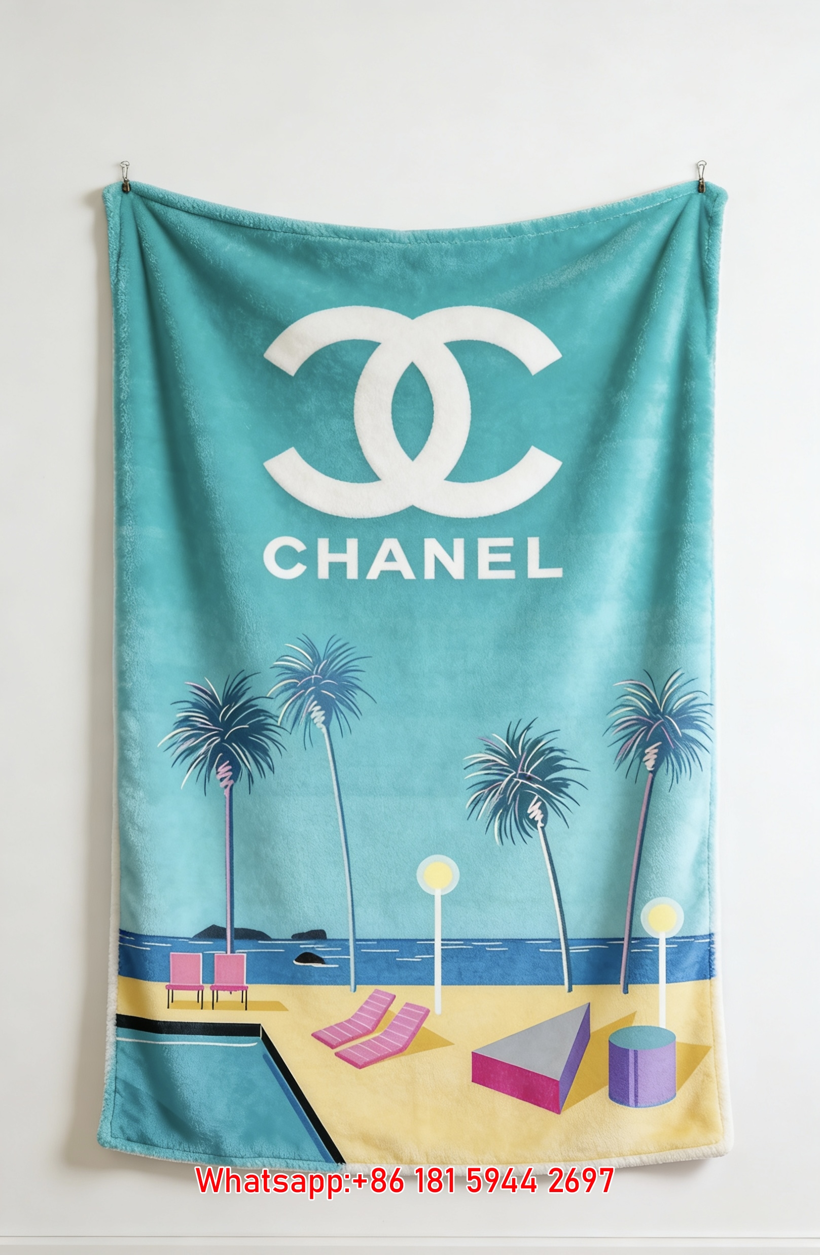 Luxury Chanel White CC Logo Flannel Throw Blanket  Retro Miami Beach Pool Print IMG_7215